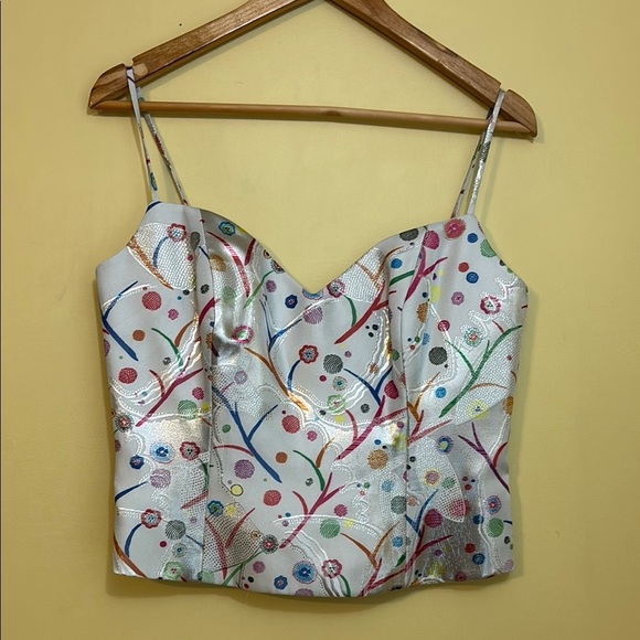 Flores & Flores Tops - Flores & Flores | White Floral Boned Crop Spaghetti Strap Bustier Corset Cami 8